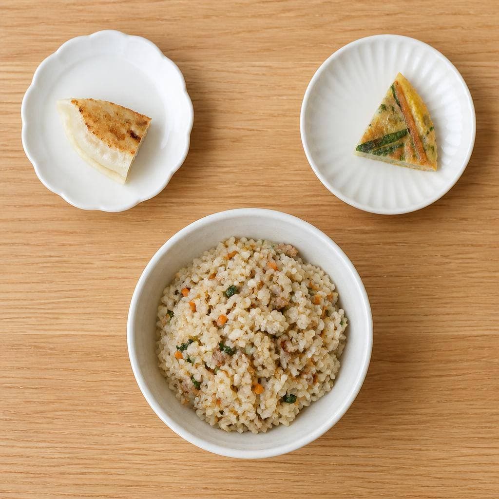 生成された食卓イメージ：チュモッパ、焼き餃子、チヂミ