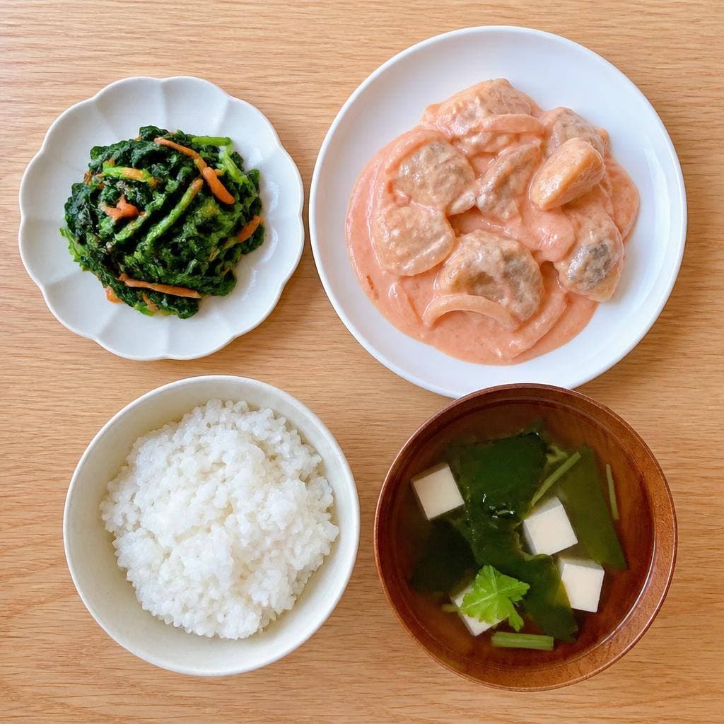 生成された食卓イメージ：ごはん、魚のオーロラソース、ほうれん草のソテー、すまし汁