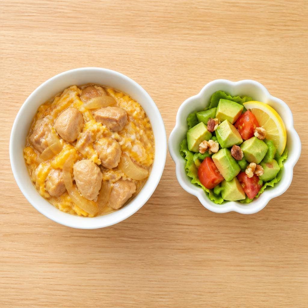 生成された食卓イメージ：親子丼、アボカドとトマトのサラダ