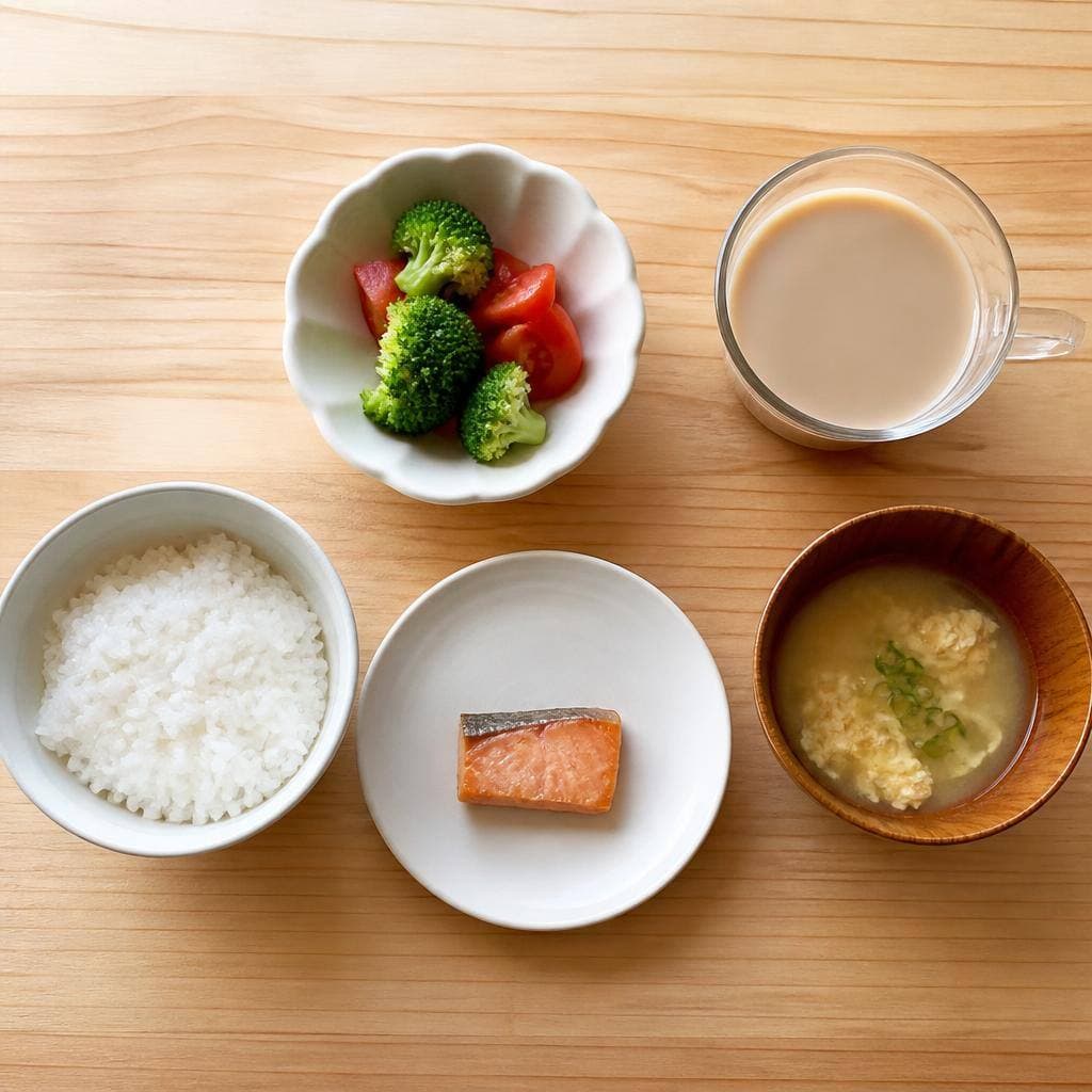 生成された食卓イメージ：白ごはん、鮭の塩焼き、トマトとブロッコリー、卵とねぎの味噌汁、カフェラテ